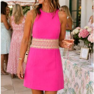 Barbiecore Lilly Pulitzer Pink Shift Dress Gold Trim, Preppy Resort